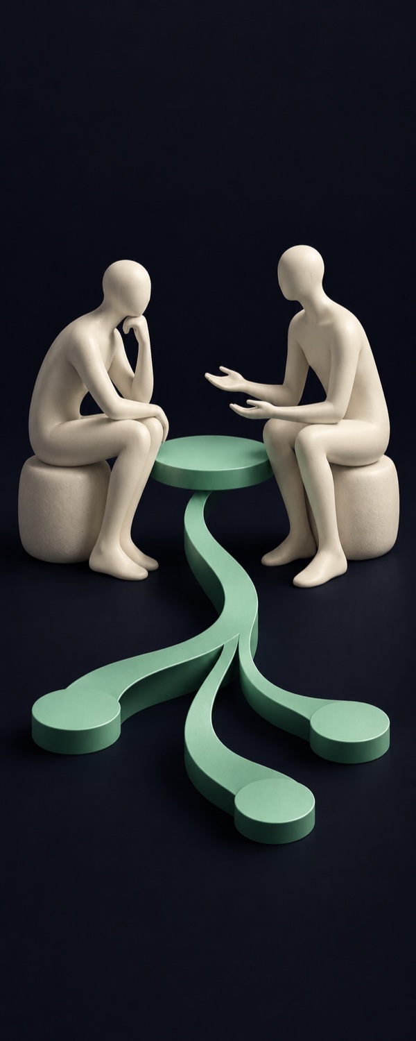 Dos figuras conversan junto a caminos verdes que representan distintas decisiones.